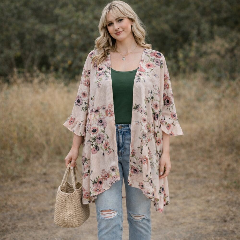 Jack & Missy Floral Kimono Cardigan Pink Fairy Boho Flowy Ruffle Sleeve OS